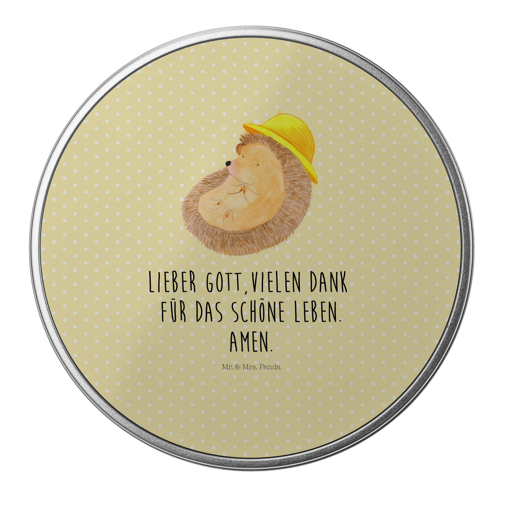 Blechdose rund Igel betet Metalldose, Keksdose, Dose, Vorratsdose, Geschenkbox, Tiermotive, Gute Laune, lustige Sprüche, Tiere, Igel, Igel mit Hut, Sonnenhut, Gott, Amen, beten, Leben, Dankbarkeit, Dankbar sein, dankbar, genießen