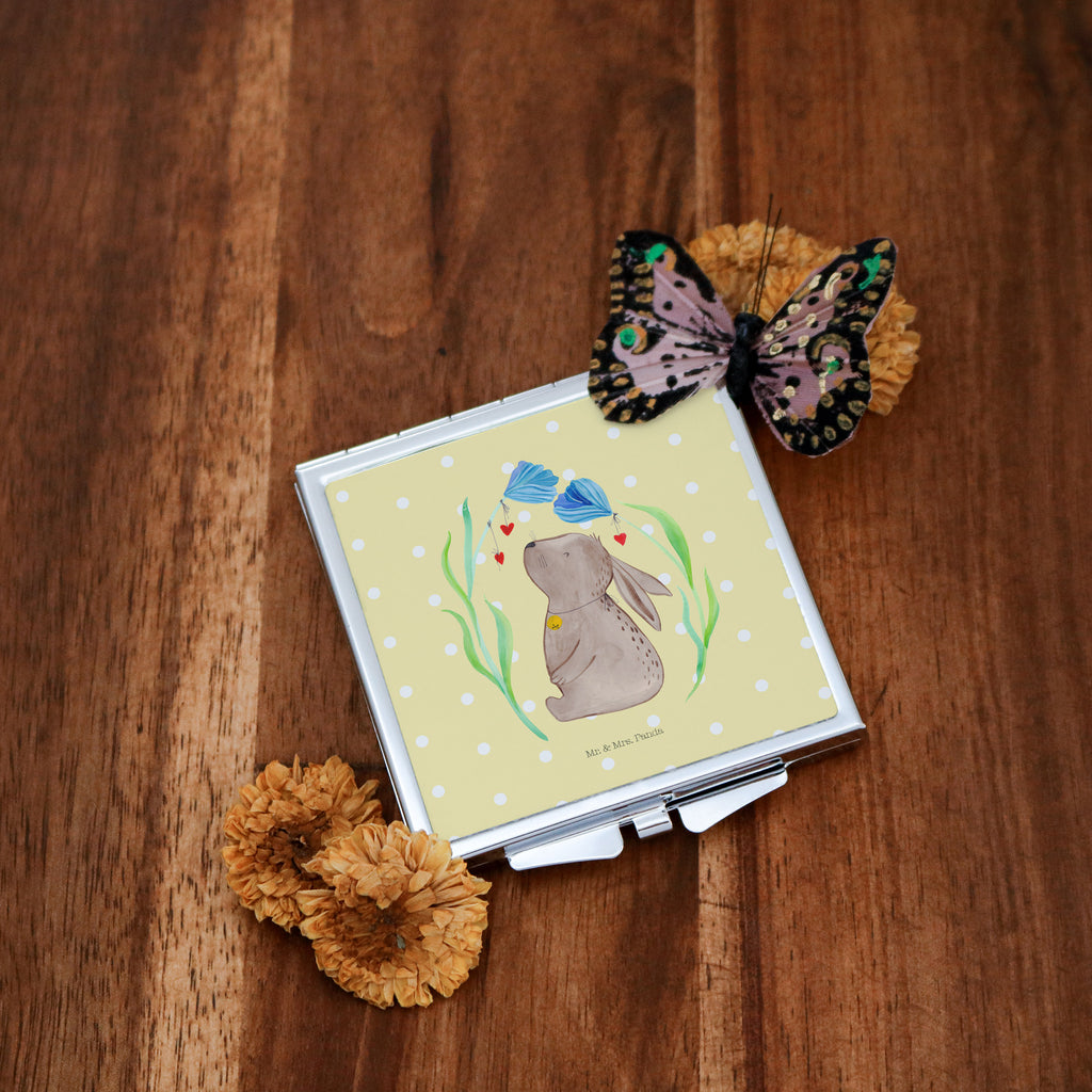 Handtaschenspiegel quadratisch Hase Blume Spiegel, Handtasche, Quadrat, silber, schminken, Schminkspiegel, Ostern, Osterhase, Ostergeschenke, Osternest, Osterdeko, Geschenk zu Ostern, Hase, Kaninchen, Kind, Taufe, Taufgeschenk, Geburt, Schwangerschaft, erstes Kind, Kindergeburtstag, Geburtstag, Hoffnung, Träume