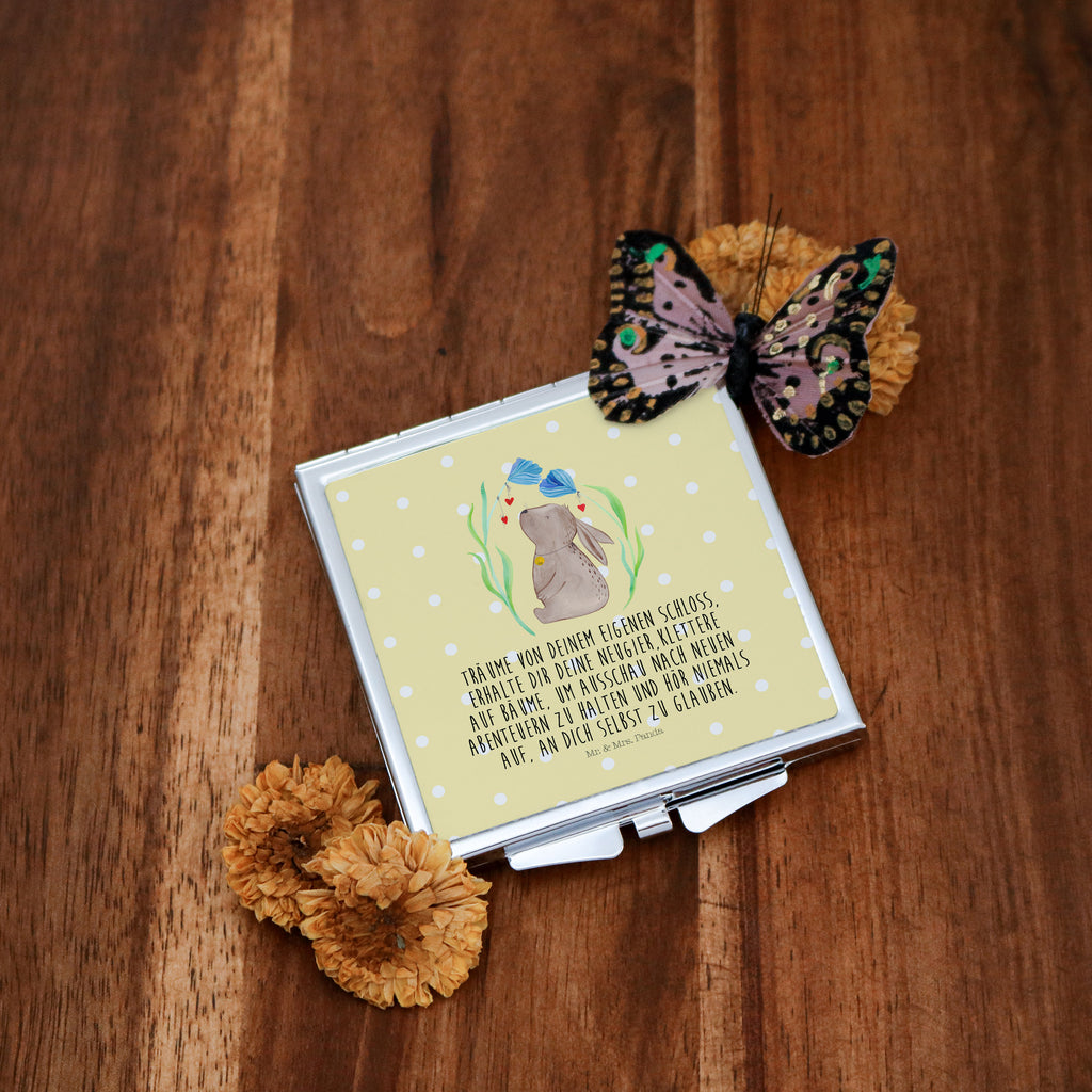 Handtaschenspiegel quadratisch Hase Blume Spiegel, Handtasche, Quadrat, silber, schminken, Schminkspiegel, Ostern, Osterhase, Ostergeschenke, Osternest, Osterdeko, Geschenk zu Ostern, Hase, Kaninchen, Kind, Taufe, Taufgeschenk, Geburt, Schwangerschaft, erstes Kind, Kindergeburtstag, Geburtstag, Hoffnung, Träume