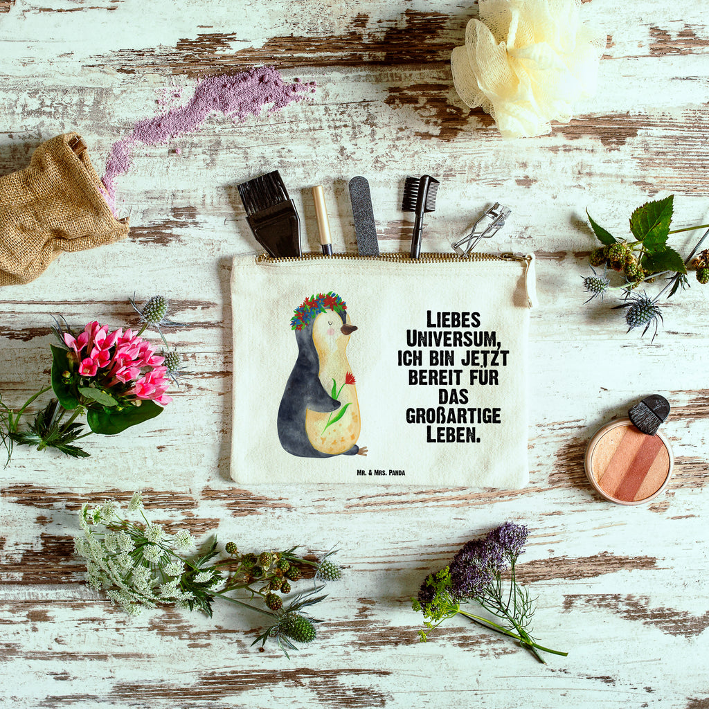 Schminktasche Pinguin Blumenkranz Schminktasche, Kosmetiktasche, Kosmetikbeutel, Stiftemäppchen, Etui, Federmappe, Makeup, XXL, Schminketui, Kosmetiketui, Schlamperetui, Pinguin, Pinguine, Blumenkranz, Universum, Leben, Wünsche, Ziele, Lebensziele, Motivation, Lebenslust, Liebeskummer, Geschenkidee