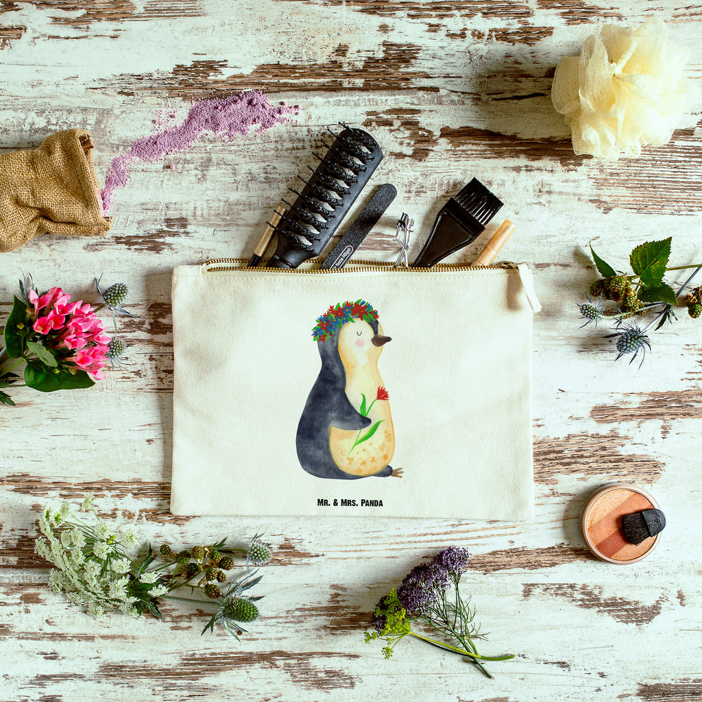 Schminktasche Pinguin Blumenkranz Schminktasche, Kosmetiktasche, Kosmetikbeutel, Stiftemäppchen, Etui, Federmappe, Makeup, XXL, Schminketui, Kosmetiketui, Schlamperetui, Pinguin, Pinguine, Blumenkranz, Universum, Leben, Wünsche, Ziele, Lebensziele, Motivation, Lebenslust, Liebeskummer, Geschenkidee