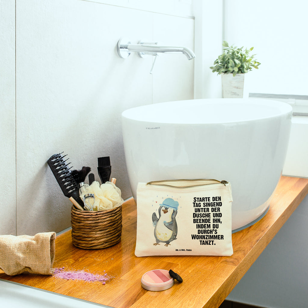 Schminktasche Pinguin duscht Schminktasche, Kosmetiktasche, Kosmetikbeutel, Stiftemäppchen, Etui, Federmappe, Makeup, XXL, Schminketui, Kosmetiketui, Schlamperetui, Pinguin, Pinguine, Dusche, duschen, Lebensmotto, Motivation, Neustart, Neuanfang, glücklich sein