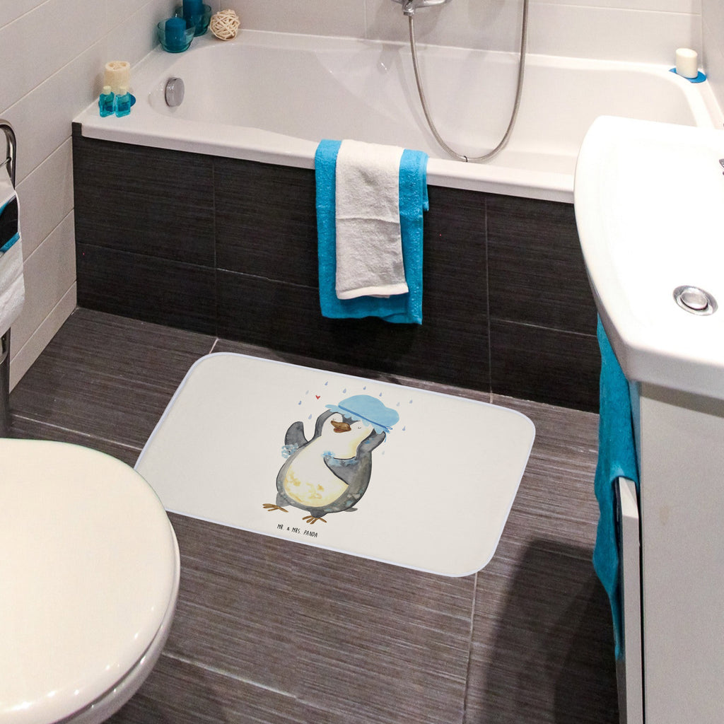 Badvorleger Pinguin duscht Badematte, Badteppich, Duschvorleger, Badezimmerteppich, Badezimmermatte, Badvorleger, Duschmatte, Duschteppich, Pinguin, Pinguine, Dusche, duschen, Lebensmotto, Motivation, Neustart, Neuanfang, glücklich sein