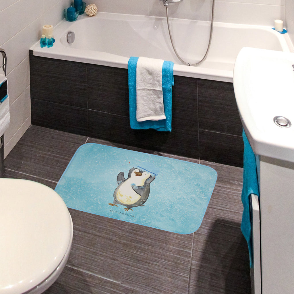 Badvorleger Pinguin duscht Badematte, Badteppich, Duschvorleger, Badezimmerteppich, Badezimmermatte, Badvorleger, Duschmatte, Duschteppich, Pinguin, Pinguine, Dusche, duschen, Lebensmotto, Motivation, Neustart, Neuanfang, glücklich sein