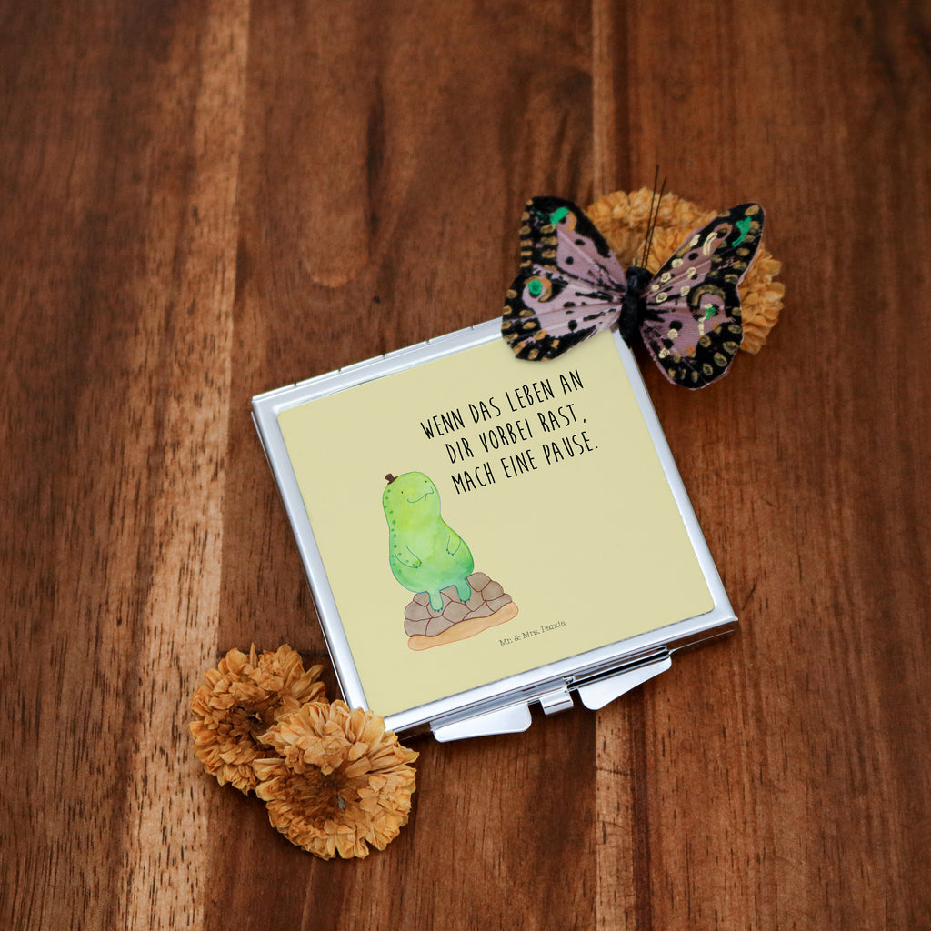 Handtaschenspiegel quadratisch Schildkröte pausiert Spiegel, Handtasche, Quadrat, silber, schminken, Schminkspiegel, Schildkröte, Achtsamkeit, Entschleunigen, achtsam