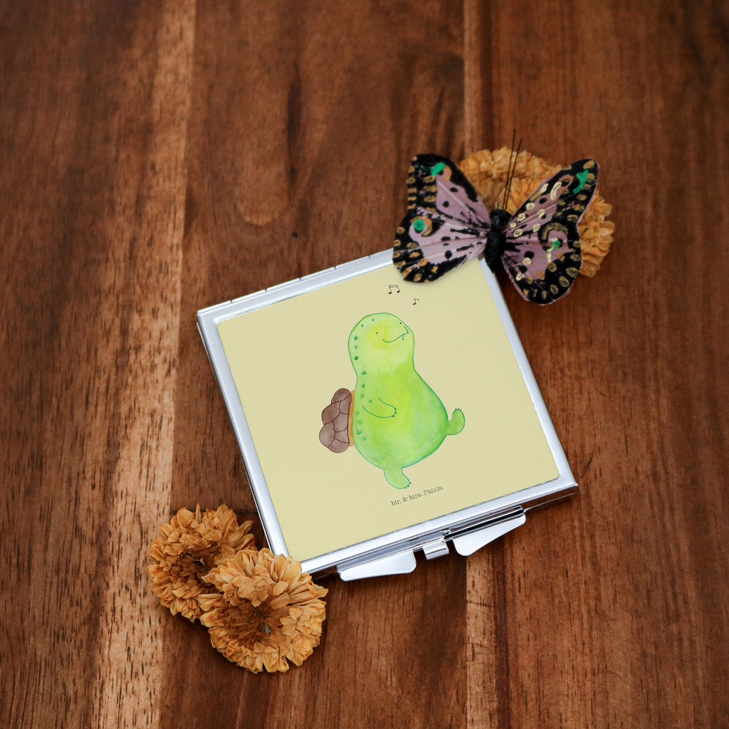 Handtaschenspiegel quadratisch Schildkröte pfeift Spiegel, Handtasche, Quadrat, silber, schminken, Schminkspiegel, Schildkröte, Schildi, Schildkröten, fröhlich, Glück, Motivation, Lebensfreude, Depression, Trennung, Neuanfang