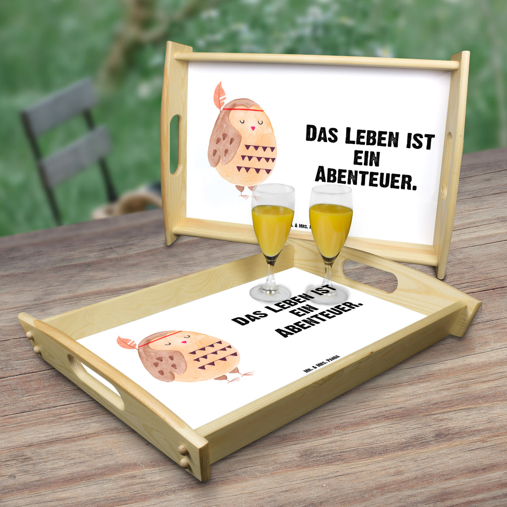 Serviertablett Eule Federschmuck Tablett, Holztablett, Küchentablett, Dekotablett, Frühstückstablett, Eule, Eule Deko, Owl, Das Leben ist ein Abenteuer, Reisespruch, Federschmuck, Dekoration