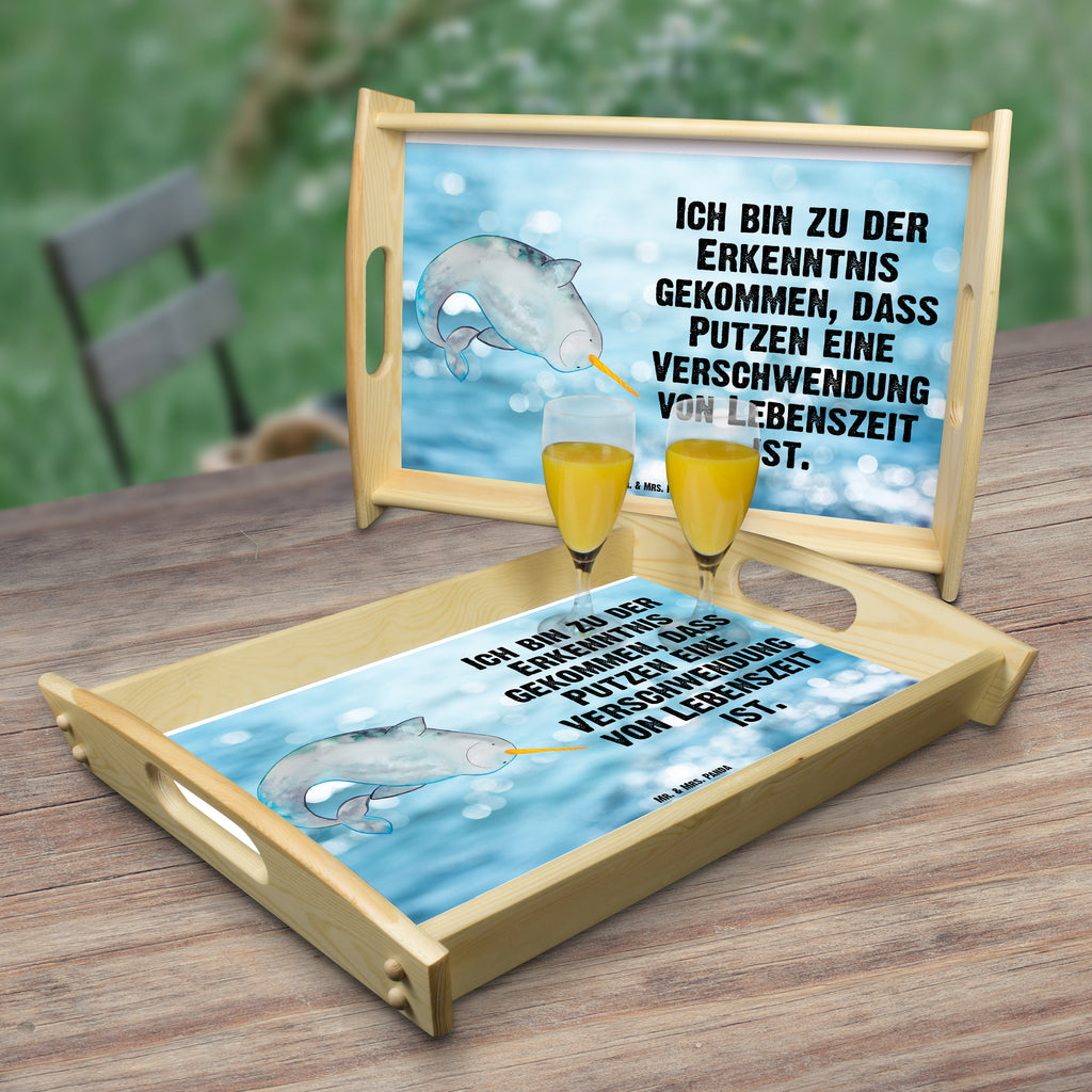 Serviertablett Narwal Tablett, Holztablett, Küchentablett, Dekotablett, Frühstückstablett, Meerestiere, Meer, Urlaub, Narwal, Wal, Putzen, Hausfrau, Junggesellin, aufräumen, Kinderzimmer
