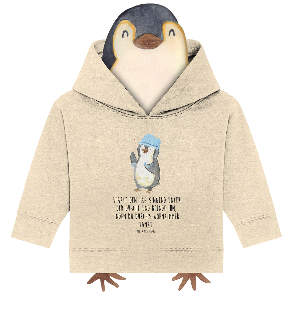 Organic Baby Hoodie Pinguin duscht Baby Kapuzenshirt, Baby Kapuzensweatshirt, Baby Hoodie, Baby Pullover, Pinguin, Pinguine, Dusche, duschen, Lebensmotto, Motivation, Neustart, Neuanfang, glücklich sein