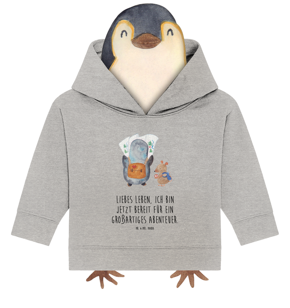 Organic Baby Hoodie Pinguin & Maus Wanderer Baby Kapuzenshirt, Baby Kapuzensweatshirt, Baby Hoodie, Baby Pullover, Pinguin, Pinguine, Abenteurer, Abenteuer, Roadtrip, Ausflug, Wanderlust, wandern