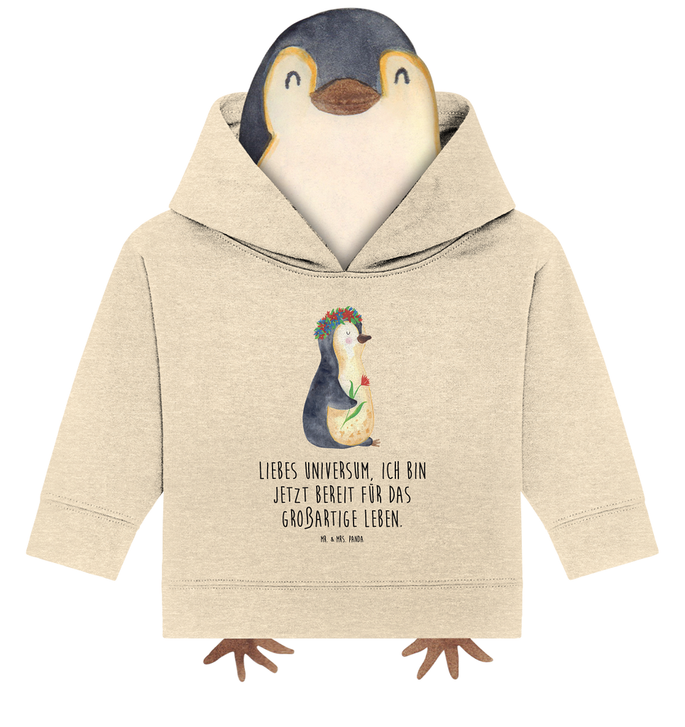 Organic Baby Hoodie Pinguin Blumenkranz Baby Kapuzenshirt, Baby Kapuzensweatshirt, Baby Hoodie, Baby Pullover, Pinguin, Pinguine, Blumenkranz, Universum, Leben, Wünsche, Ziele, Lebensziele, Motivation, Lebenslust, Liebeskummer, Geschenkidee