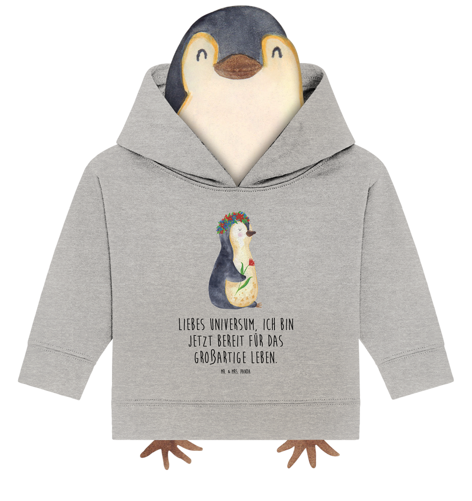 Organic Baby Hoodie Pinguin Blumenkranz Baby Kapuzenshirt, Baby Kapuzensweatshirt, Baby Hoodie, Baby Pullover, Pinguin, Pinguine, Blumenkranz, Universum, Leben, Wünsche, Ziele, Lebensziele, Motivation, Lebenslust, Liebeskummer, Geschenkidee