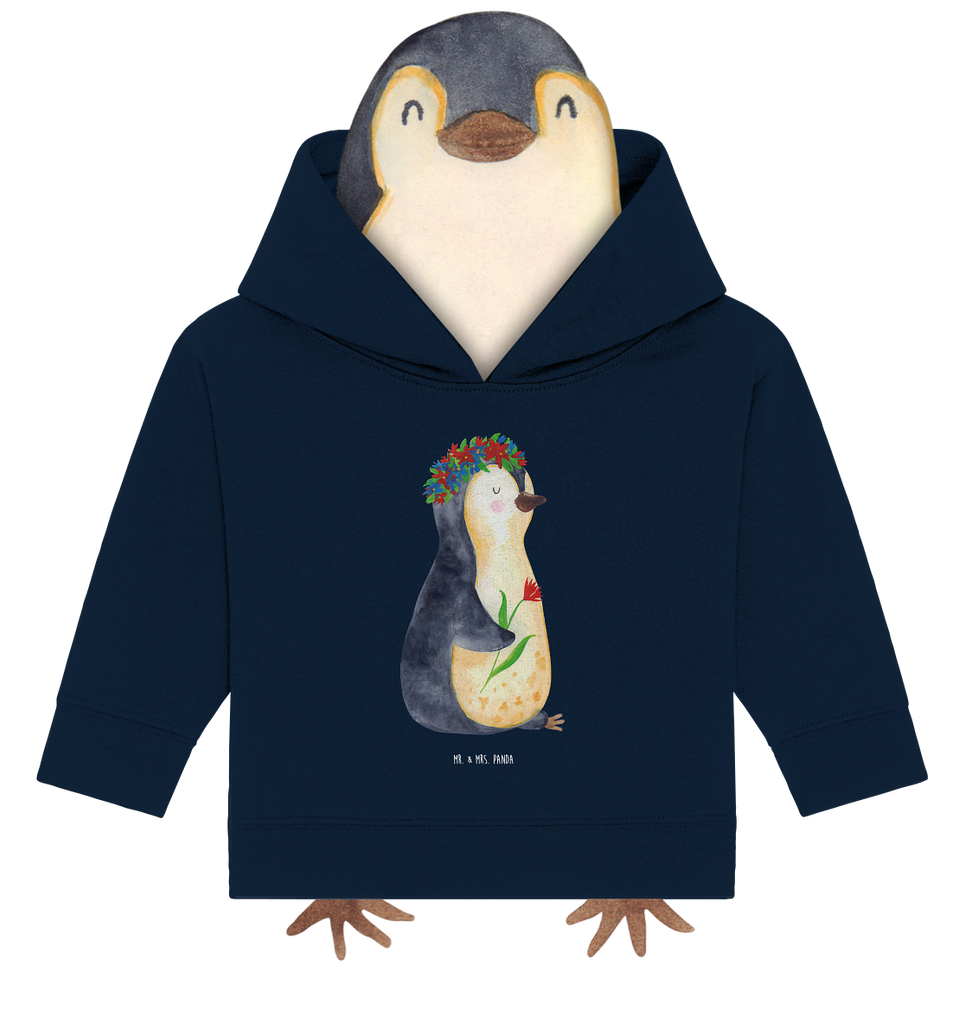 Organic Baby Hoodie Pinguin Blumenkranz Baby Kapuzenshirt, Baby Kapuzensweatshirt, Baby Hoodie, Baby Pullover, Pinguin, Pinguine, Blumenkranz, Universum, Leben, Wünsche, Ziele, Lebensziele, Motivation, Lebenslust, Liebeskummer, Geschenkidee