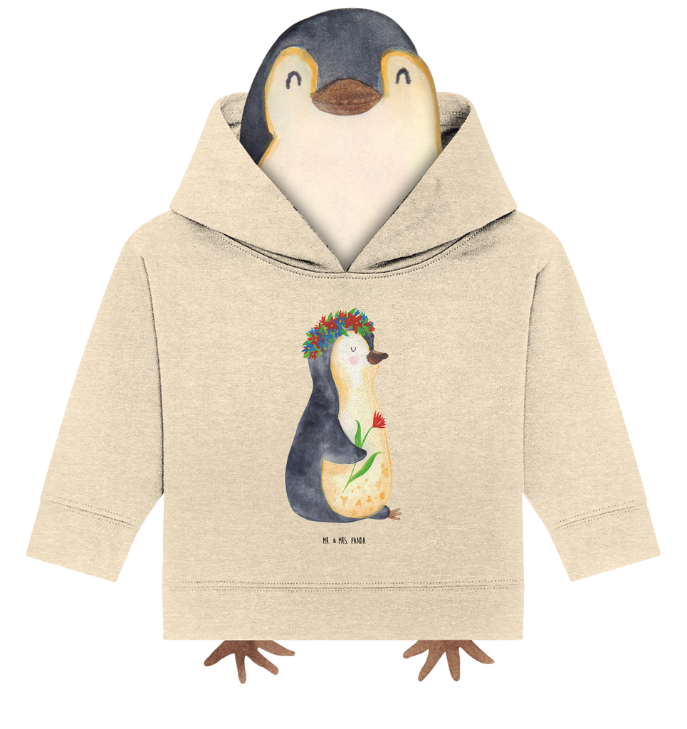 Organic Baby Hoodie Pinguin Blumenkranz Baby Kapuzenshirt, Baby Kapuzensweatshirt, Baby Hoodie, Baby Pullover, Pinguin, Pinguine, Blumenkranz, Universum, Leben, Wünsche, Ziele, Lebensziele, Motivation, Lebenslust, Liebeskummer, Geschenkidee