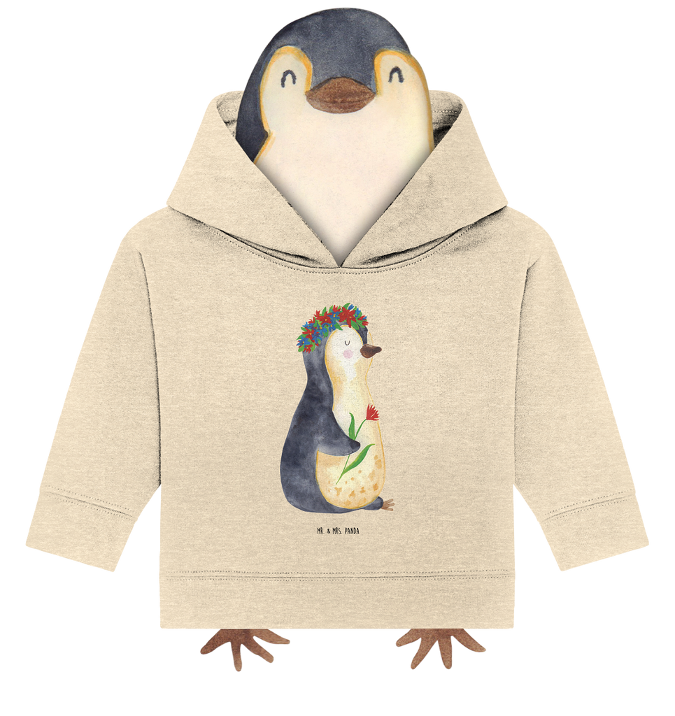 Organic Baby Hoodie Pinguin Blumenkranz Baby Kapuzenshirt, Baby Kapuzensweatshirt, Baby Hoodie, Baby Pullover, Pinguin, Pinguine, Blumenkranz, Universum, Leben, Wünsche, Ziele, Lebensziele, Motivation, Lebenslust, Liebeskummer, Geschenkidee