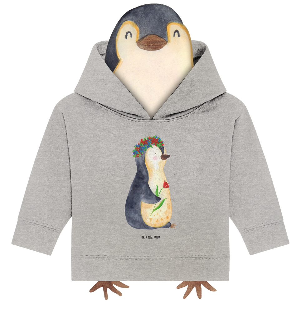 Organic Baby Hoodie Pinguin Blumenkranz Baby Kapuzenshirt, Baby Kapuzensweatshirt, Baby Hoodie, Baby Pullover, Pinguin, Pinguine, Blumenkranz, Universum, Leben, Wünsche, Ziele, Lebensziele, Motivation, Lebenslust, Liebeskummer, Geschenkidee