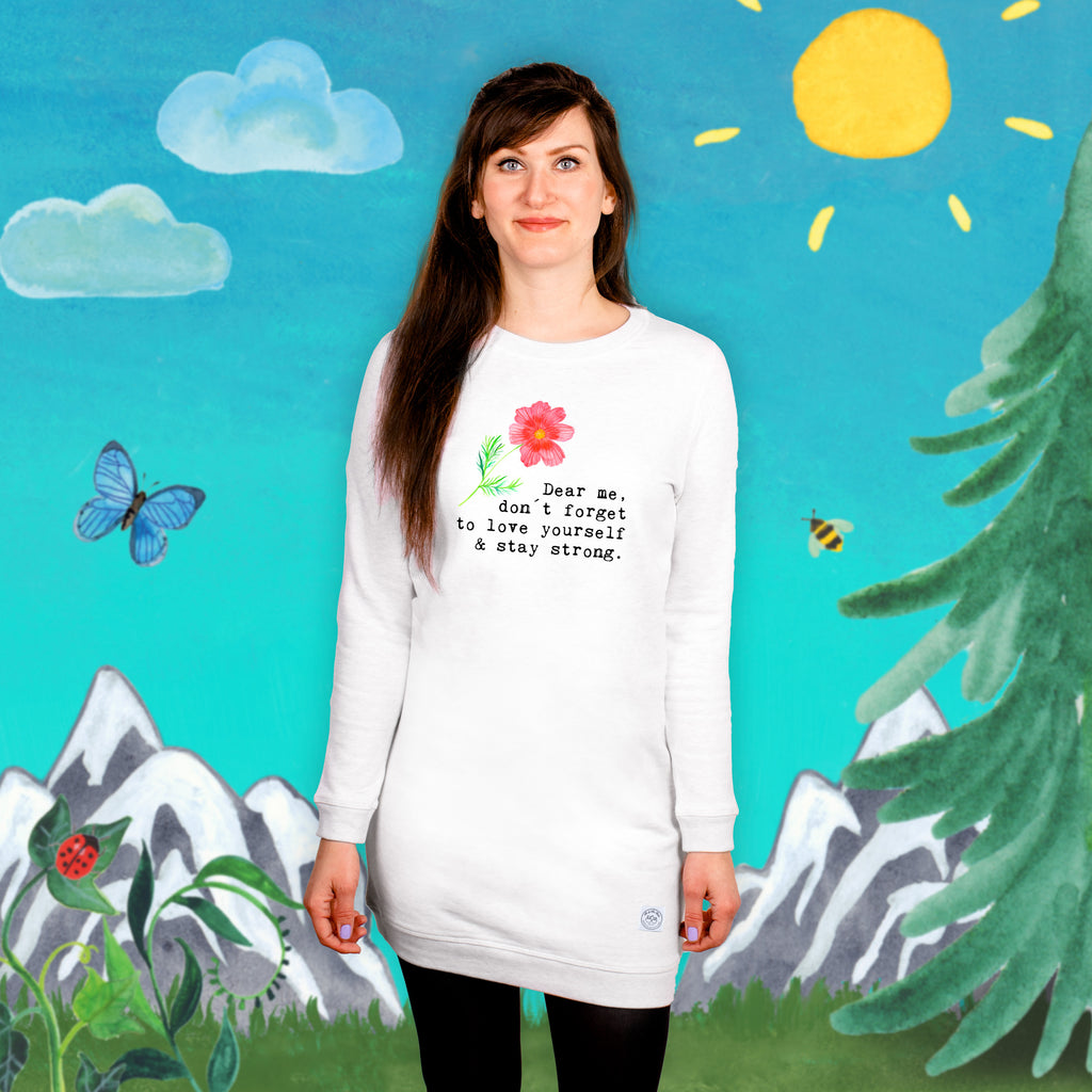 Größe L Kleid Dear me, don´t forget to love yourself Kleid, Winterkleid, Langarm Kleid, Baumwollkleid, Stoffkleid, Sweatkleid, Blumen Deko, Frühlings Deko, Sommer Deko, Dekoration, positive Botschaft, Naturliebhaber, Outdoor, Natur, Abenteuer