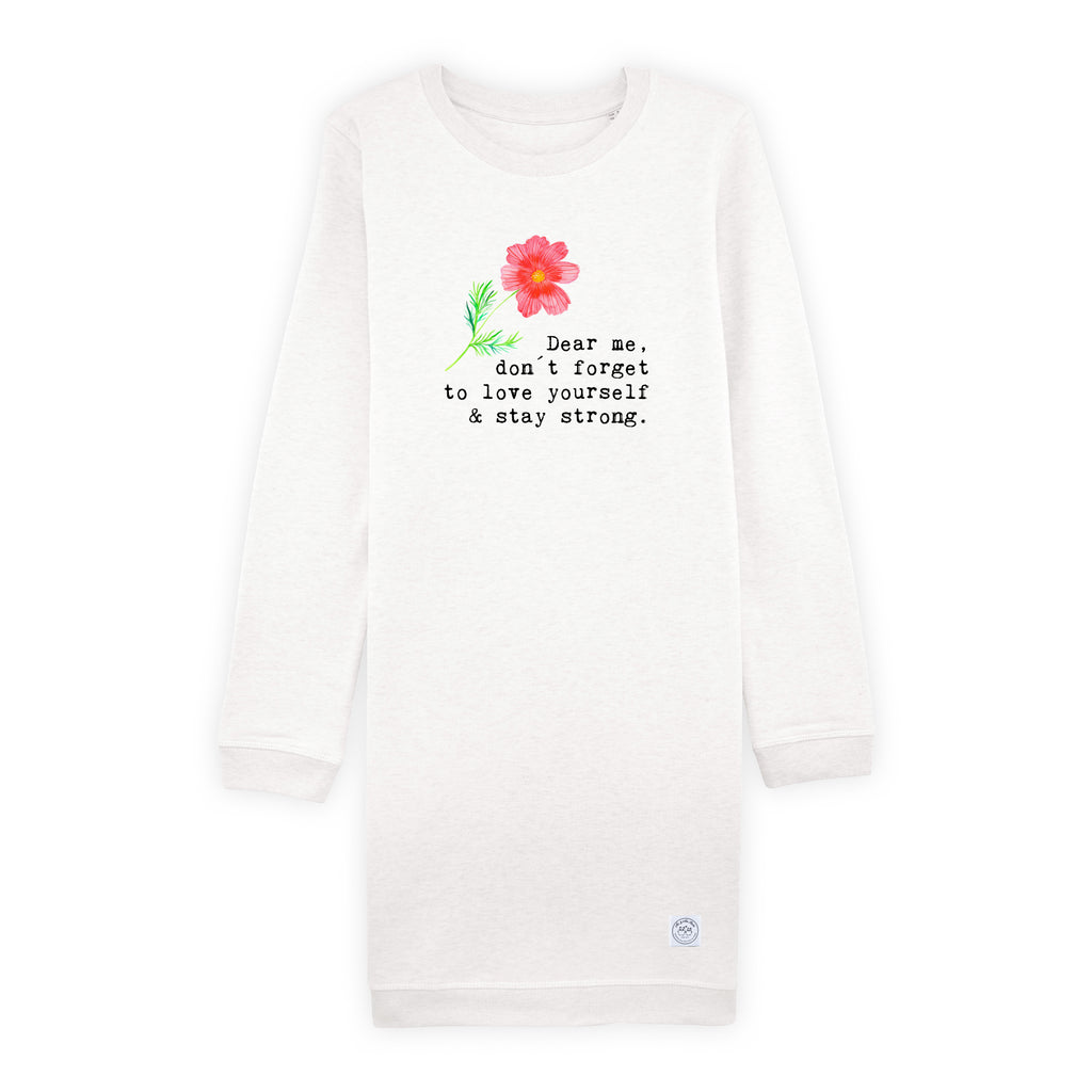 Größe L Kleid Dear me, don´t forget to love yourself Kleid, Winterkleid, Langarm Kleid, Baumwollkleid, Stoffkleid, Sweatkleid, Blumen Deko, Frühlings Deko, Sommer Deko, Dekoration, positive Botschaft, Naturliebhaber, Outdoor, Natur, Abenteuer