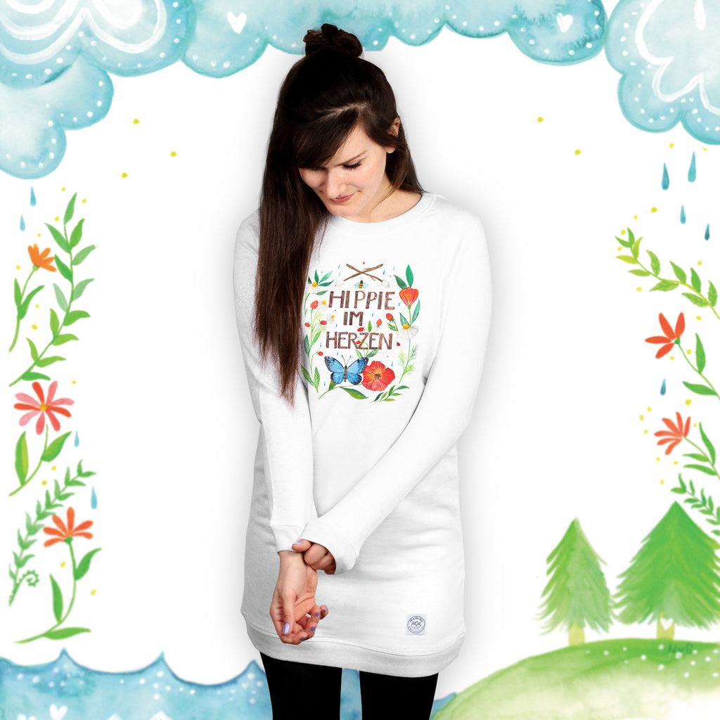 Größe XL Kleid Hippie im Herzen Kleid, Winterkleid, Langarm Kleid, Baumwollkleid, Stoffkleid, Sweatkleid, Blumen Deko, Frühlings Deko, Sommer Deko, Dekoration, positive Botschaft, Naturliebhaber, Outdoor, Natur, Abenteuer