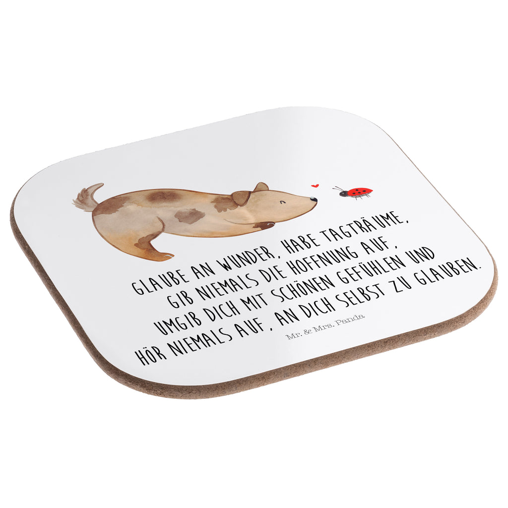 Quadratische Untersetzer Hund Marienkäfer Bierdeckel, Glasuntersetzer, Untersetzer Gläser, Getränkeuntersetzer, Hund, Hundemotiv, Haustier, Hunderasse, Tierliebhaber, Hundebesitzer, Sprüche, Hunde, Hundespruch, Marienkäfer, Mischling, Mischlinghund