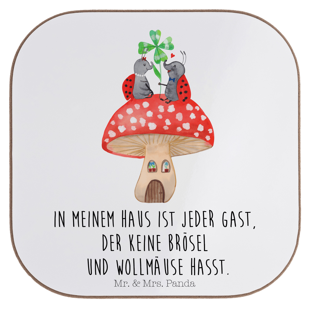Quadratische Untersetzer Marienkäfer Paar Fliegenpilz Bierdeckel, Glasuntersetzer, Untersetzer Gläser, Getränkeuntersetzer, Tiermotive, Gute Laune, lustige Sprüche, Tiere, Haus, Wohnung, zuhause, Fliegenpilz, Marienkäfer, Fleigenpilzhaus