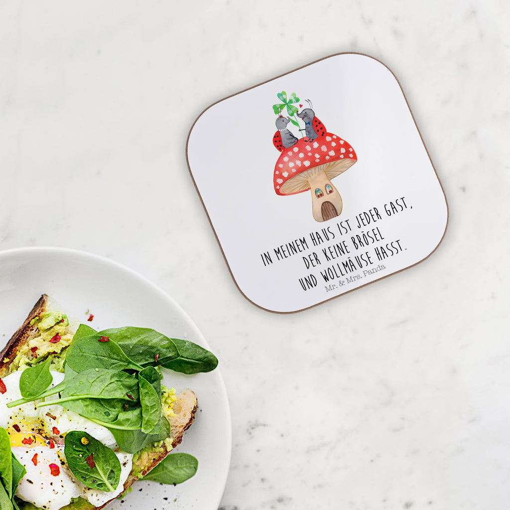 Quadratische Untersetzer Marienkäfer Paar Fliegenpilz Bierdeckel, Glasuntersetzer, Untersetzer Gläser, Getränkeuntersetzer, Tiermotive, Gute Laune, lustige Sprüche, Tiere, Haus, Wohnung, zuhause, Fliegenpilz, Marienkäfer, Fleigenpilzhaus