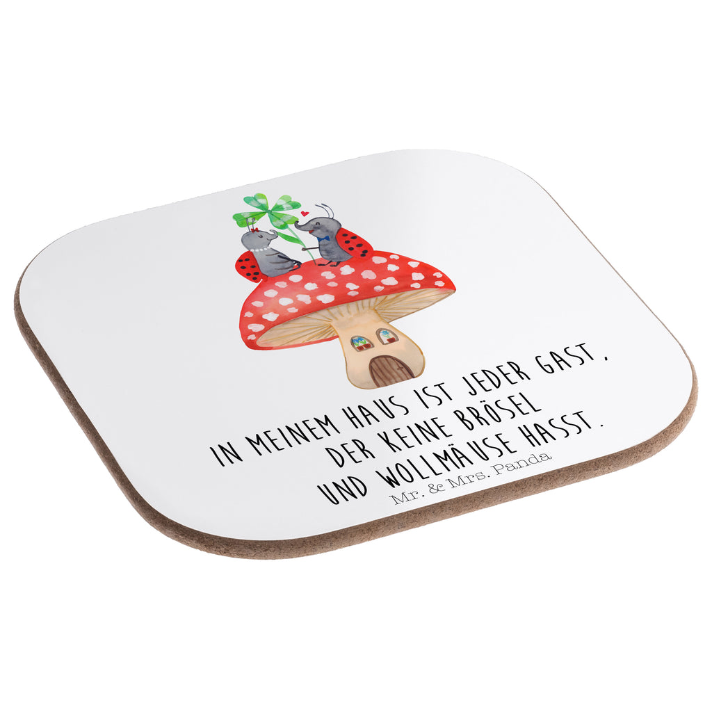 Quadratische Untersetzer Marienkäfer Paar Fliegenpilz Bierdeckel, Glasuntersetzer, Untersetzer Gläser, Getränkeuntersetzer, Tiermotive, Gute Laune, lustige Sprüche, Tiere, Haus, Wohnung, zuhause, Fliegenpilz, Marienkäfer, Fleigenpilzhaus