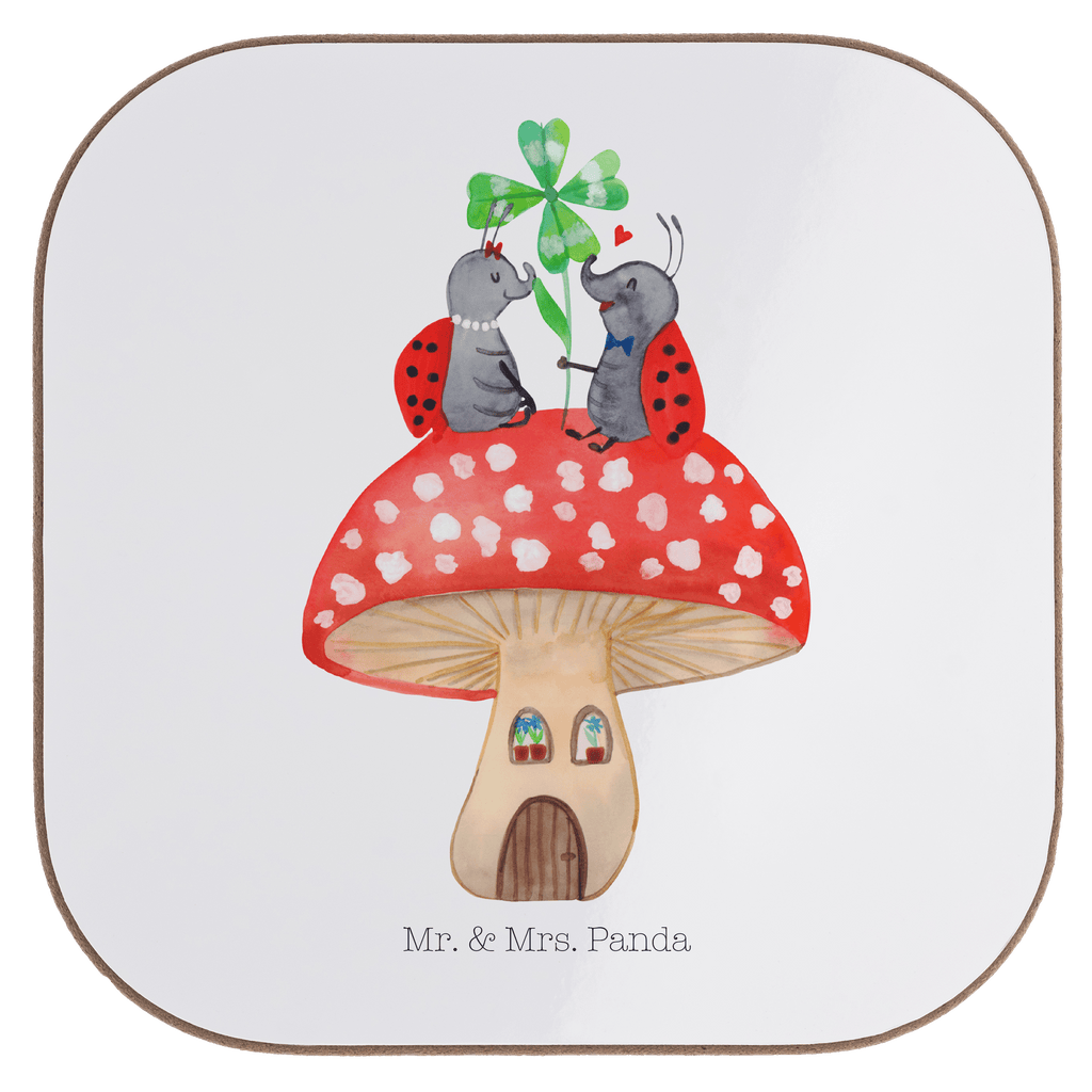 Quadratische Untersetzer Marienkäfer Paar Fliegenpilz Bierdeckel, Glasuntersetzer, Untersetzer Gläser, Getränkeuntersetzer, Tiermotive, Gute Laune, lustige Sprüche, Tiere, Haus, Wohnung, zuhause, Fliegenpilz, Marienkäfer, Fleigenpilzhaus