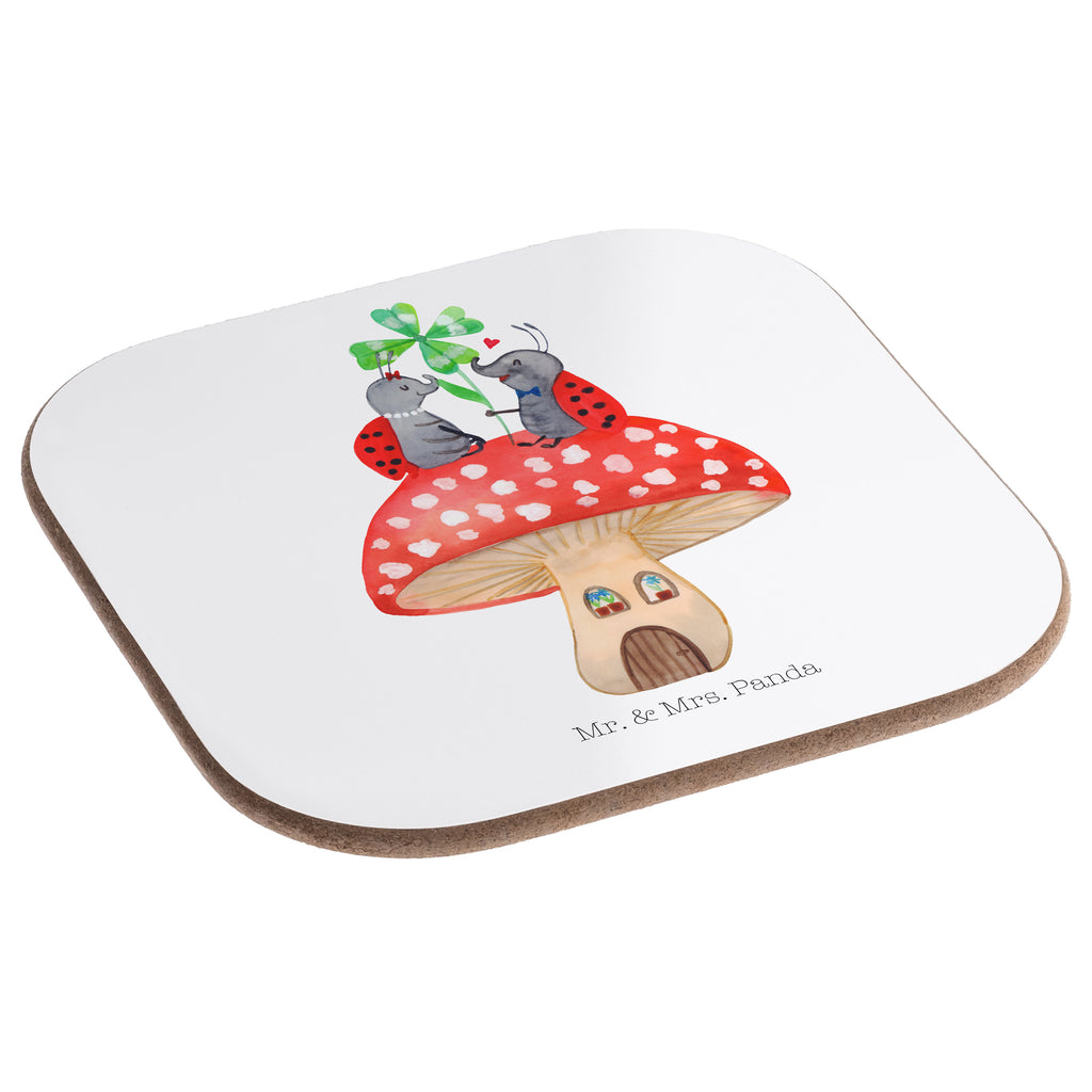 Quadratische Untersetzer Marienkäfer Paar Fliegenpilz Bierdeckel, Glasuntersetzer, Untersetzer Gläser, Getränkeuntersetzer, Tiermotive, Gute Laune, lustige Sprüche, Tiere, Haus, Wohnung, zuhause, Fliegenpilz, Marienkäfer, Fleigenpilzhaus
