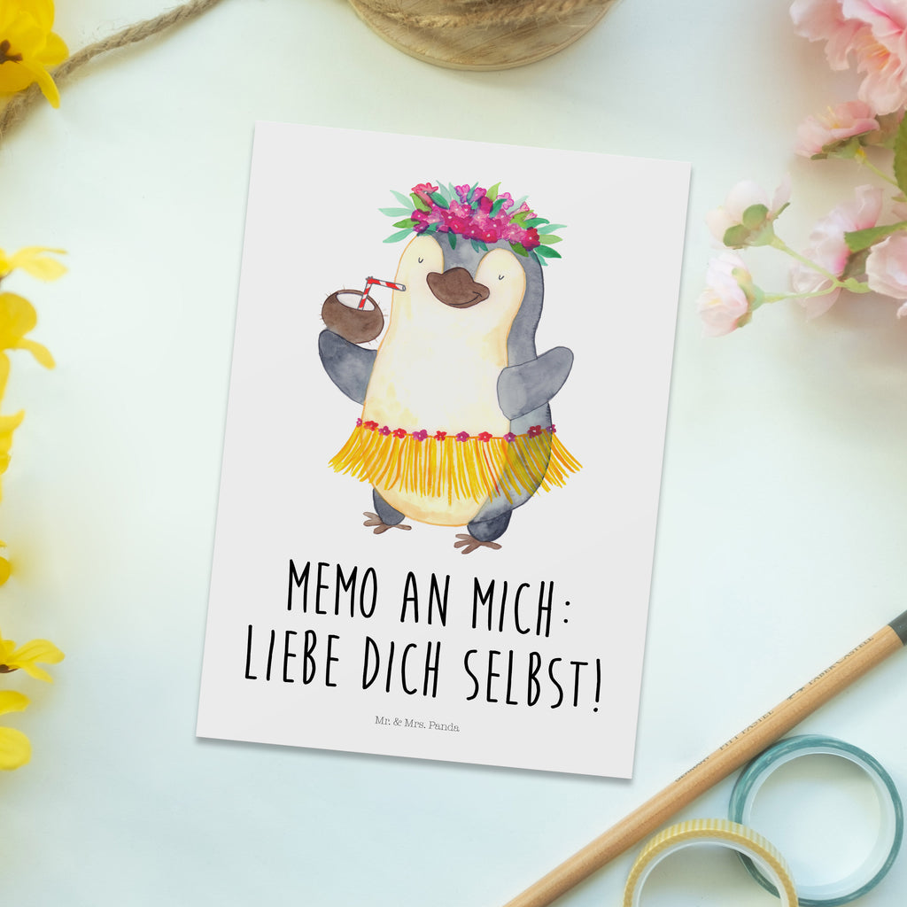 Postkarte Pinguin Kokosnuss Geschenkkarte, Grußkarte, Karte, Einladung, Ansichtskarte, Geburtstagskarte, Einladungskarte, Dankeskarte, Pinguin, Aloha, Hawaii, Urlaub, Kokosnuss, Pinguine
