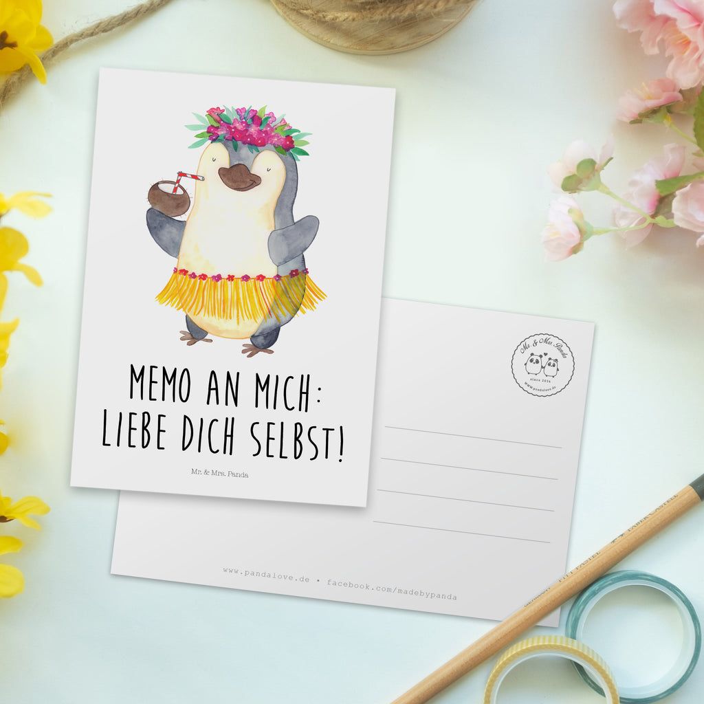 Postkarte Pinguin Kokosnuss Geschenkkarte, Grußkarte, Karte, Einladung, Ansichtskarte, Geburtstagskarte, Einladungskarte, Dankeskarte, Pinguin, Aloha, Hawaii, Urlaub, Kokosnuss, Pinguine