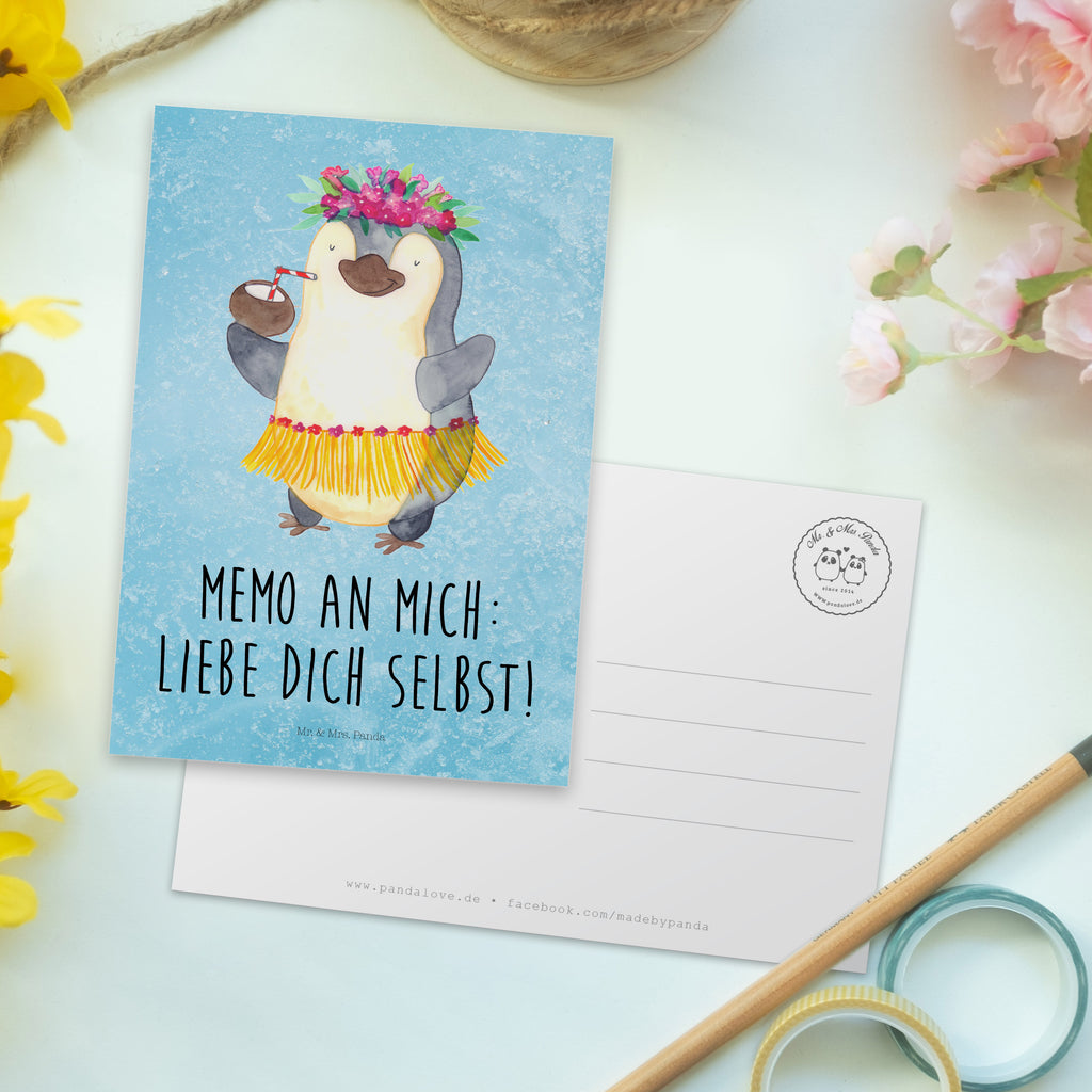 Postkarte Pinguin Kokosnuss Geschenkkarte, Grußkarte, Karte, Einladung, Ansichtskarte, Geburtstagskarte, Einladungskarte, Dankeskarte, Pinguin, Aloha, Hawaii, Urlaub, Kokosnuss, Pinguine