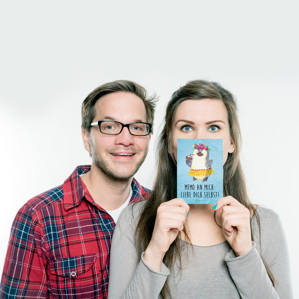 Postkarte Pinguin Kokosnuss Geschenkkarte, Grußkarte, Karte, Einladung, Ansichtskarte, Geburtstagskarte, Einladungskarte, Dankeskarte, Pinguin, Aloha, Hawaii, Urlaub, Kokosnuss, Pinguine