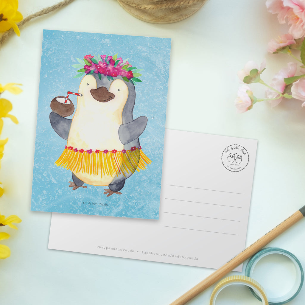 Postkarte Pinguin Kokosnuss Geschenkkarte, Grußkarte, Karte, Einladung, Ansichtskarte, Geburtstagskarte, Einladungskarte, Dankeskarte, Pinguin, Aloha, Hawaii, Urlaub, Kokosnuss, Pinguine