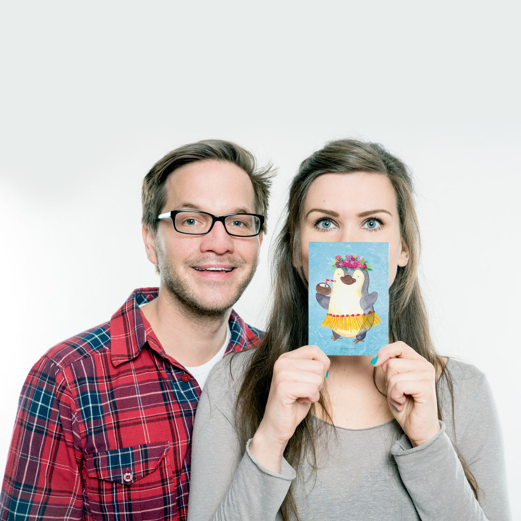 Postkarte Pinguin Kokosnuss Geschenkkarte, Grußkarte, Karte, Einladung, Ansichtskarte, Geburtstagskarte, Einladungskarte, Dankeskarte, Pinguin, Aloha, Hawaii, Urlaub, Kokosnuss, Pinguine