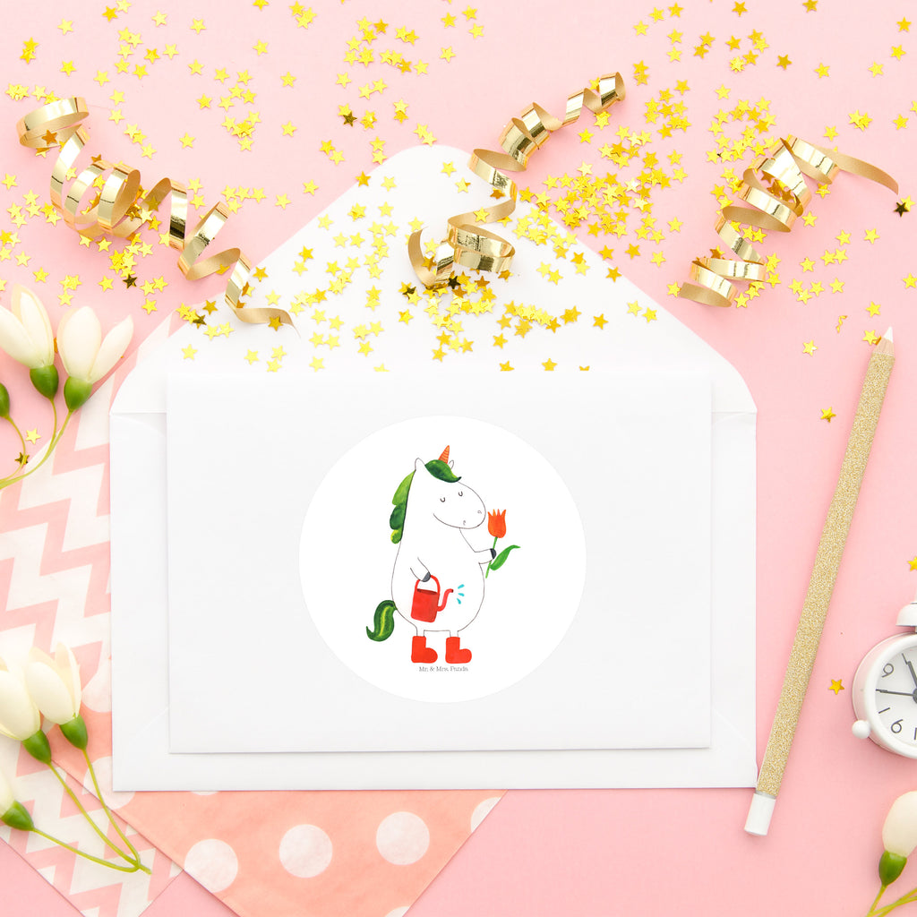 80mm Rund Aufkleber Einhorn Gärtner Sticker, Aufkleber, Etikett, Einhorn, Einhörner, Einhorn Deko, Pegasus, Unicorn, Luftballon, Gießkanne, Giesskanne, Lebenslust, Freude, Blume, Freundin, Garten, Stiefel