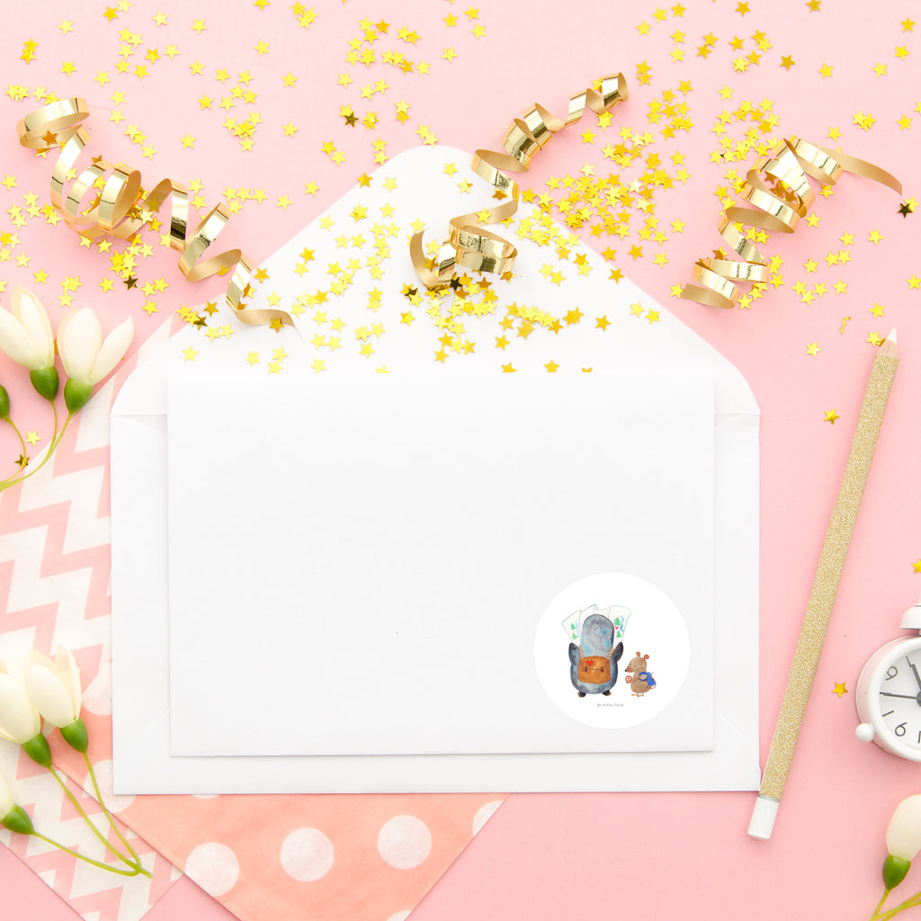 40mm Rund Aufkleber Pinguin & Maus Wanderer Sticker, Aufkleber, Etikett, Pinguin, Pinguine, Abenteurer, Abenteuer, Roadtrip, Ausflug, Wanderlust, wandern