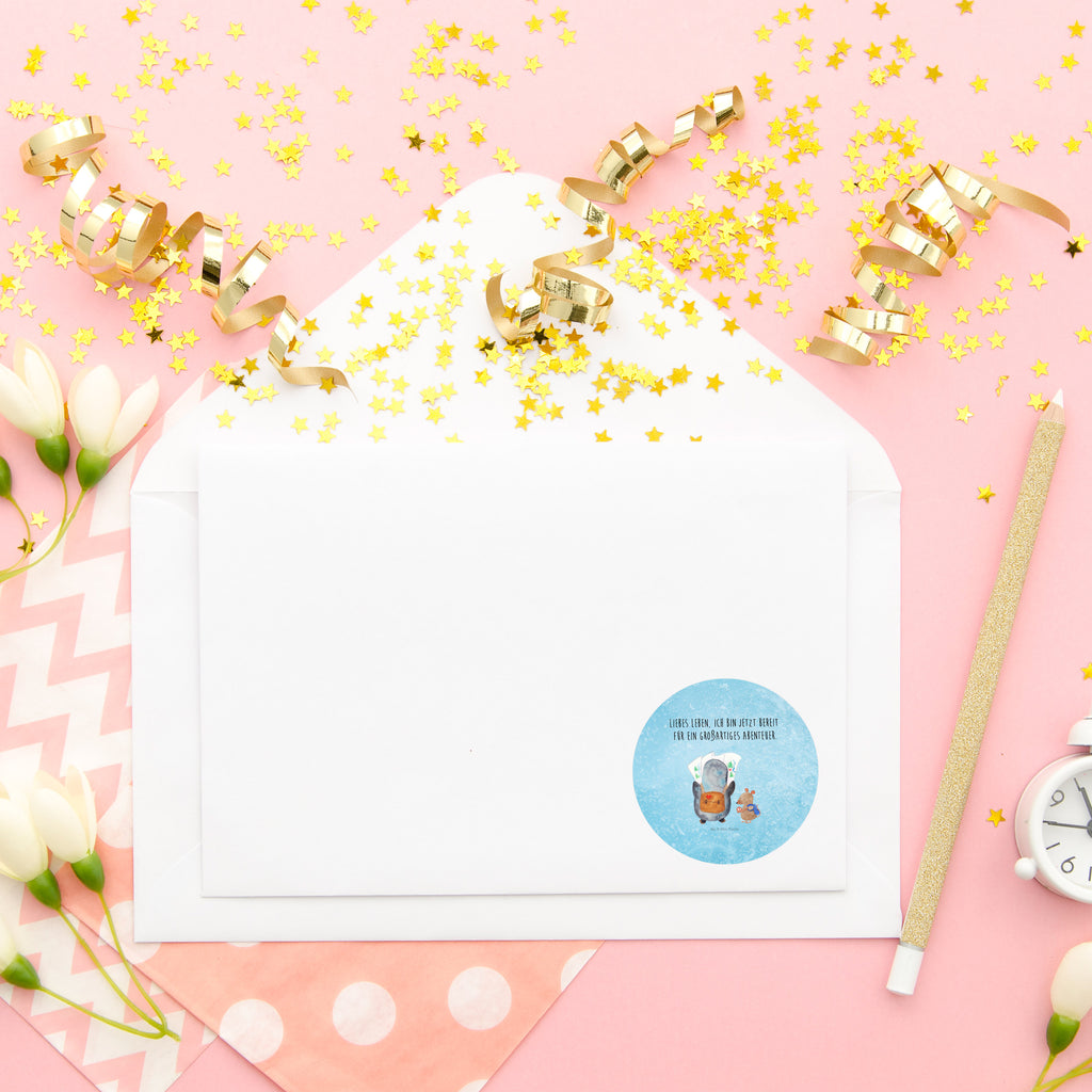 40mm Rund Aufkleber Pinguin & Maus Wanderer Sticker, Aufkleber, Etikett, Pinguin, Pinguine, Abenteurer, Abenteuer, Roadtrip, Ausflug, Wanderlust, wandern