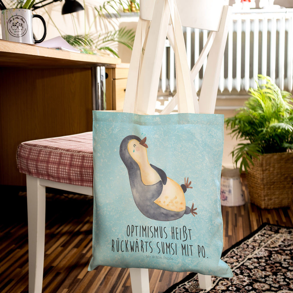 Einkaufstasche Pinguin lachend Tragetasche, Tasche, Beutel, Stofftasche, Baumwolltasche, Umhängetasche, Shopper, Pinguin, Pinguine, lustiger Spruch, Optimismus, Fröhlich, Lachen, Humor, Fröhlichkeit