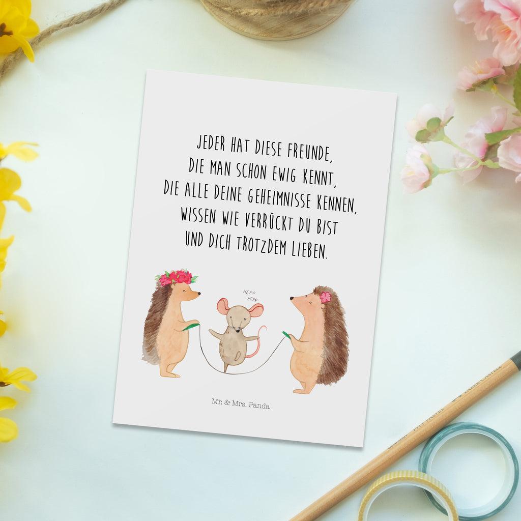 Postkarte Igel Seilhüpfen Geschenkkarte, Grußkarte, Karte, Einladung, Ansichtskarte, Geburtstagskarte, Einladungskarte, Dankeskarte, Tiermotive, Gute Laune, lustige Sprüche, Tiere, Igel, Maus, Seilspringen, Seilhüpfen, Kinder, Kindergarten