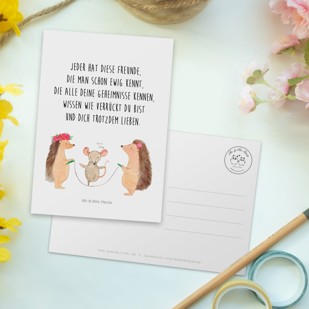 Postkarte Igel Seilhüpfen Geschenkkarte, Grußkarte, Karte, Einladung, Ansichtskarte, Geburtstagskarte, Einladungskarte, Dankeskarte, Tiermotive, Gute Laune, lustige Sprüche, Tiere, Igel, Maus, Seilspringen, Seilhüpfen, Kinder, Kindergarten