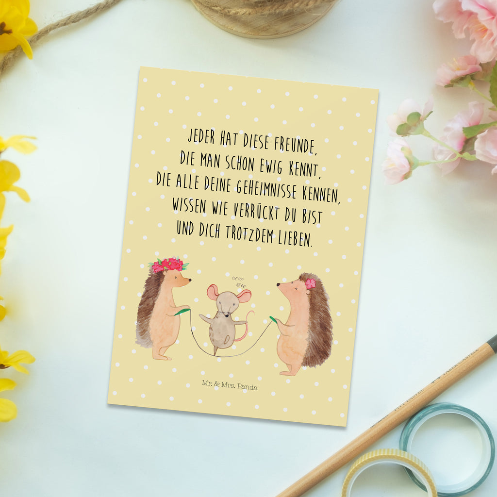 Postkarte Igel Seilhüpfen Geschenkkarte, Grußkarte, Karte, Einladung, Ansichtskarte, Geburtstagskarte, Einladungskarte, Dankeskarte, Tiermotive, Gute Laune, lustige Sprüche, Tiere, Igel, Maus, Seilspringen, Seilhüpfen, Kinder, Kindergarten