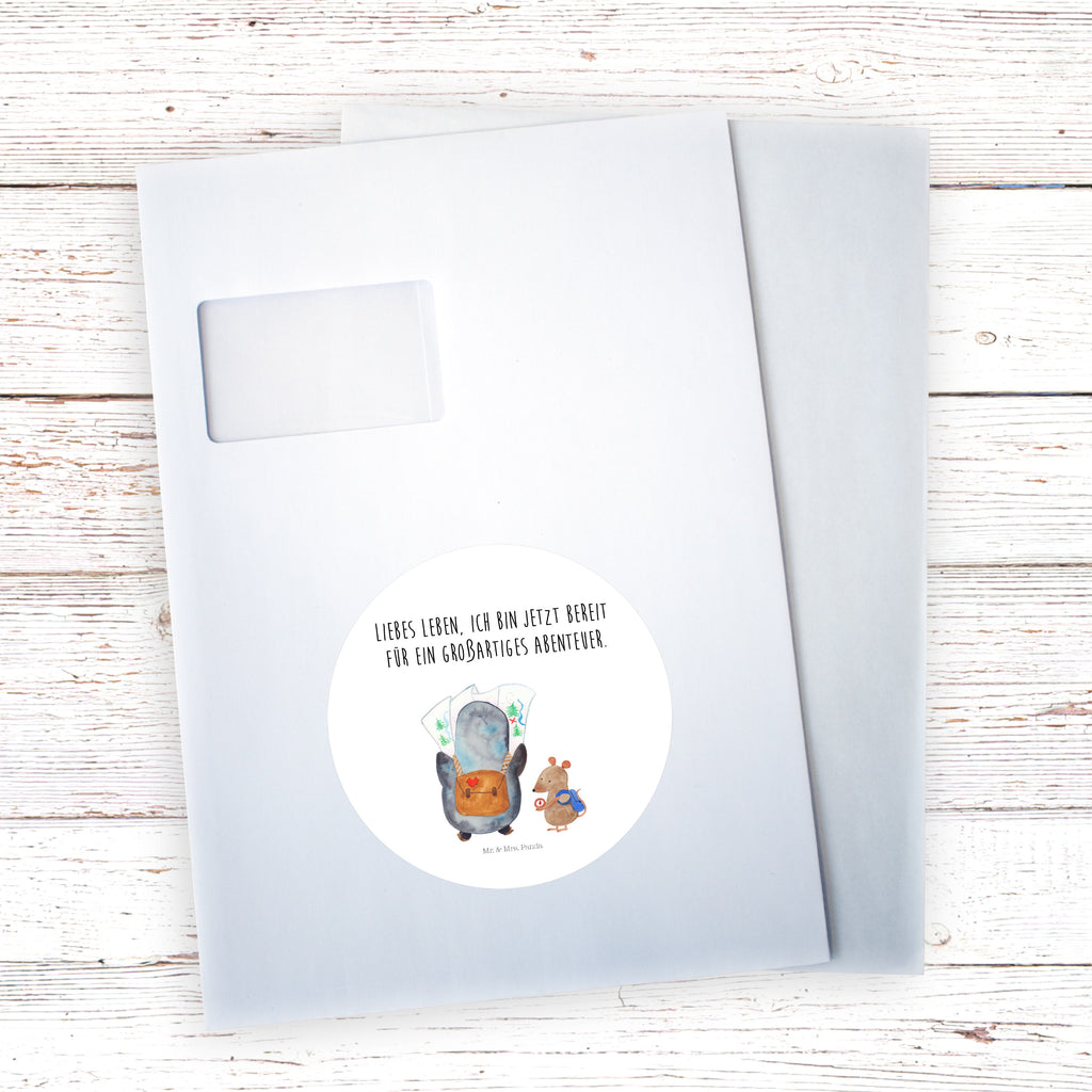 40mm Rund Aufkleber Pinguin & Maus Wanderer Sticker, Aufkleber, Etikett, Pinguin, Pinguine, Abenteurer, Abenteuer, Roadtrip, Ausflug, Wanderlust, wandern