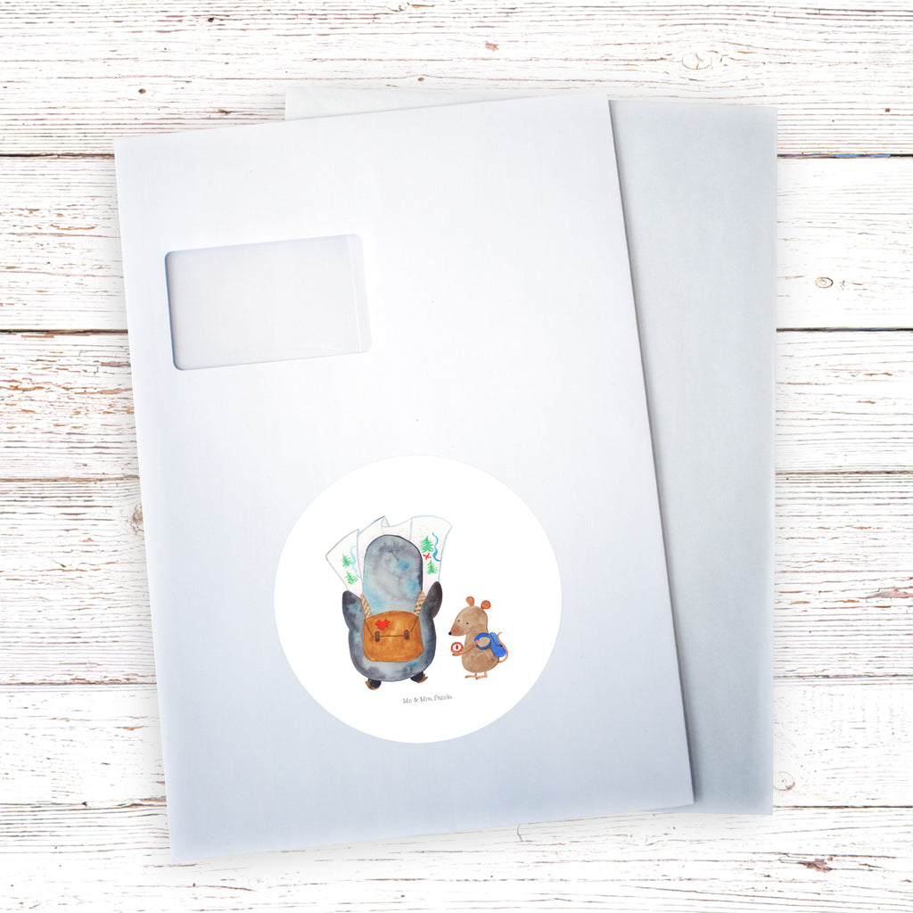 40mm Rund Aufkleber Pinguin & Maus Wanderer Sticker, Aufkleber, Etikett, Pinguin, Pinguine, Abenteurer, Abenteuer, Roadtrip, Ausflug, Wanderlust, wandern