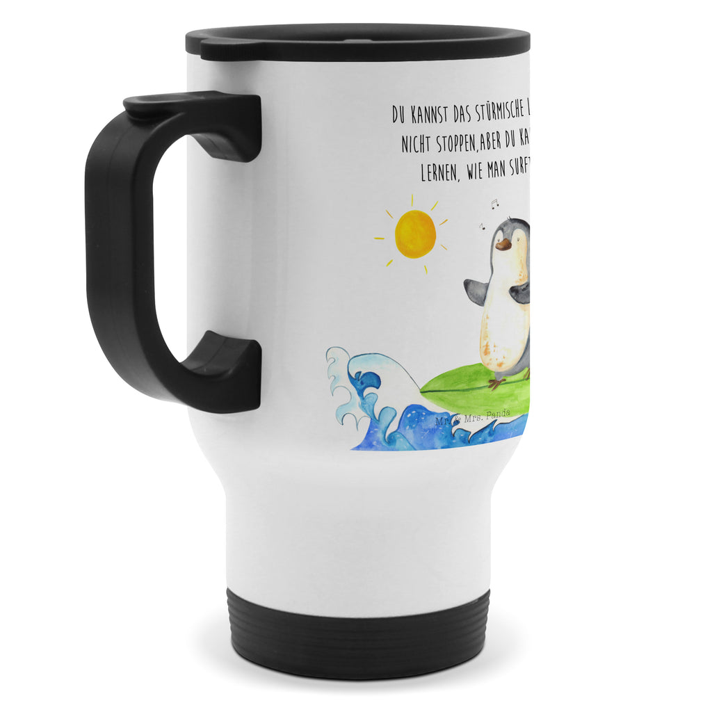 Thermobecher Pinguin Surfer Thermobecher, To Go Becher, Thermotasse, Kaffeebecher, Isolierbecher, Thermobecher To Go, Warmhaltetasse, Edelstahlbecher, Reisebecher, Tasse mit Deckel, Thermobecher für 400 ml, Kaffeetasse zum Mitnehmen, Tasse zum Mitnehmen, Spülmaschinenfest, Pinguin, Pinguine, surfen, Surfer, Hawaii, Urlaub, Wellen, Wellen reiten, Portugal