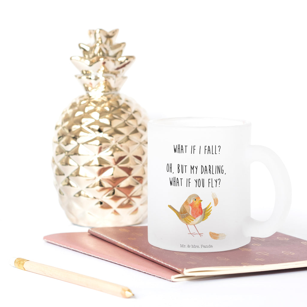 Teetasse Rotkehlchen mit Federn Teetasse, Teeglas, Teebecher, Tasse mit Henkel, Tasse, Glas Teetasse, Teetasse aus Glas, Tiermotive, Gute Laune, lustige Sprüche, Tiere, What if i fall, Rotkehlchen, Spruch Motivation, Spruch Mut, Vogel, Motivation Sprüche, Motivationsbilder, fliegen