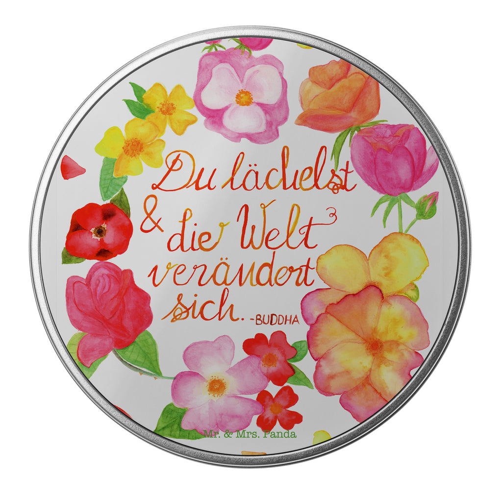 Blechdose rund Du Lächelst Metalldose, Keksdose, Dose, Vorratsdose, Geschenkbox, Blumen Deko, Frühlings Deko, Sommer Deko, Dekoration, positive Botschaft, Naturliebhaber, Outdoor, Natur, Abenteuer, Lächele, Welt verändert sich, Zitat Buddha, Lachen Spruch, glücklich sein, Zitat schön, Geschenk Freundin, Spruch positiv