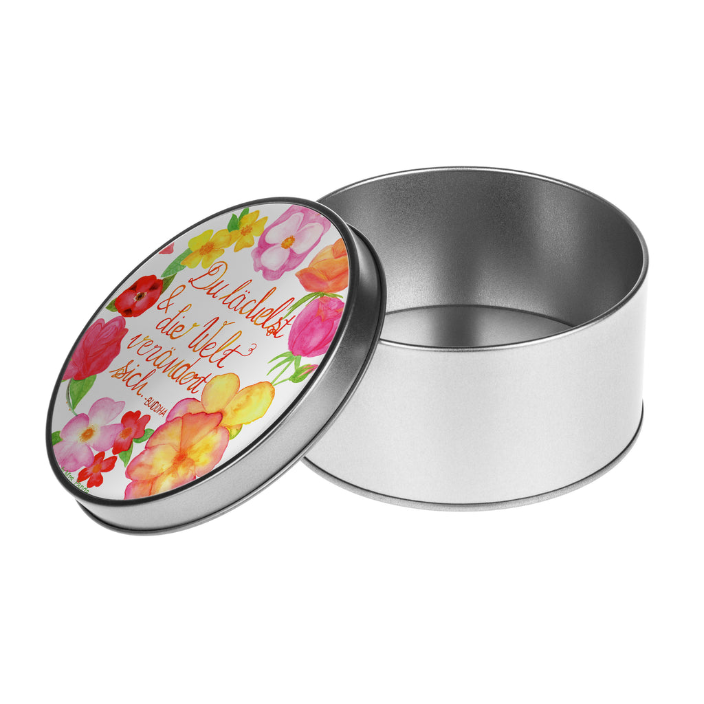Blechdose rund Du Lächelst Metalldose, Keksdose, Dose, Vorratsdose, Geschenkbox, Blumen Deko, Frühlings Deko, Sommer Deko, Dekoration, positive Botschaft, Naturliebhaber, Outdoor, Natur, Abenteuer, Lächele, Welt verändert sich, Zitat Buddha, Lachen Spruch, glücklich sein, Zitat schön, Geschenk Freundin, Spruch positiv