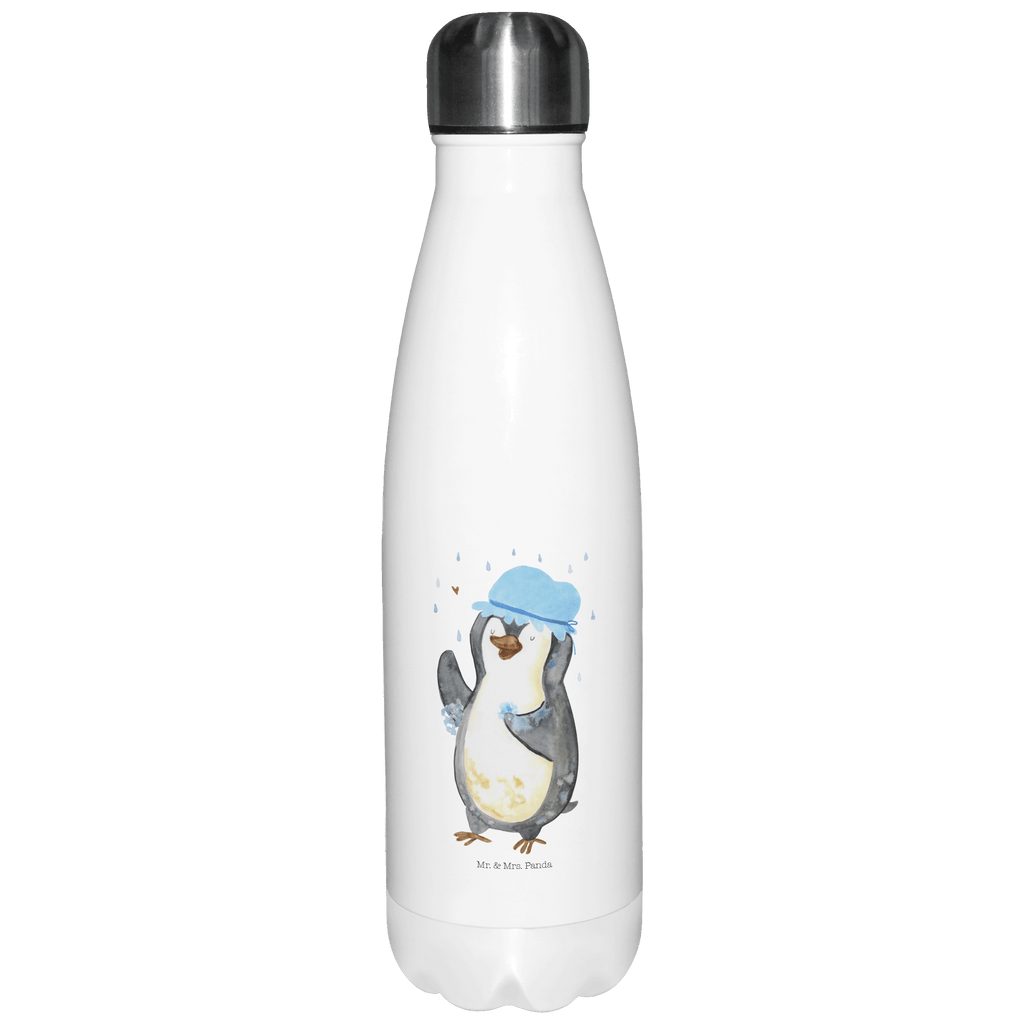 Thermosflasche Pinguin duscht Isolierflasche, Thermoflasche, Trinkflasche, Thermos, Edelstahl, Pinguin, Pinguine, Dusche, duschen, Lebensmotto, Motivation, Neustart, Neuanfang, glücklich sein
