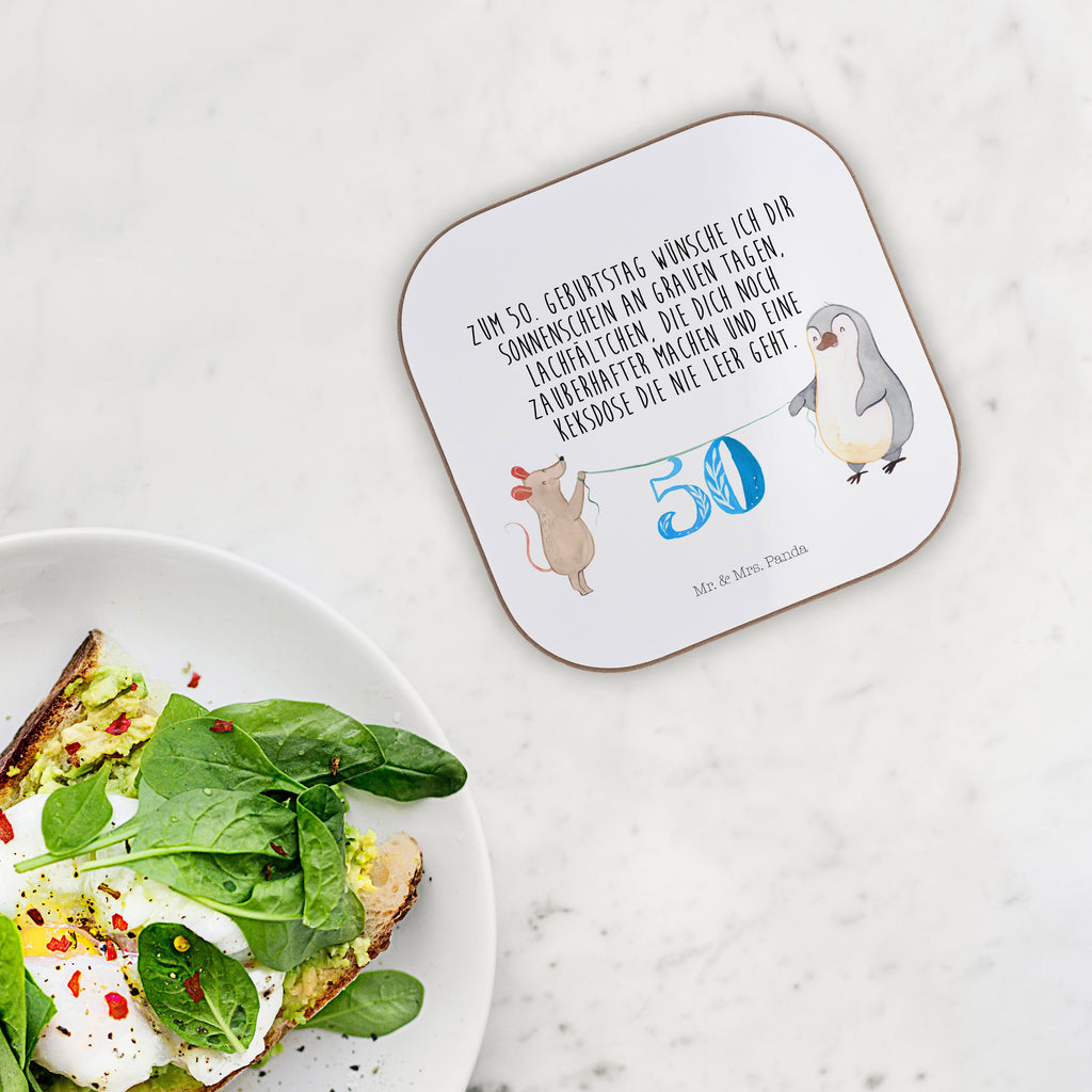 Quadratische Untersetzer 50. Geburtstag Maus Pinguin Bierdeckel, Glasuntersetzer, Untersetzer Gläser, Getränkeuntersetzer, Geburtstag, Geburtstagsgeschenk, Geschenk, Party, Feiern, Torte, Kuchen